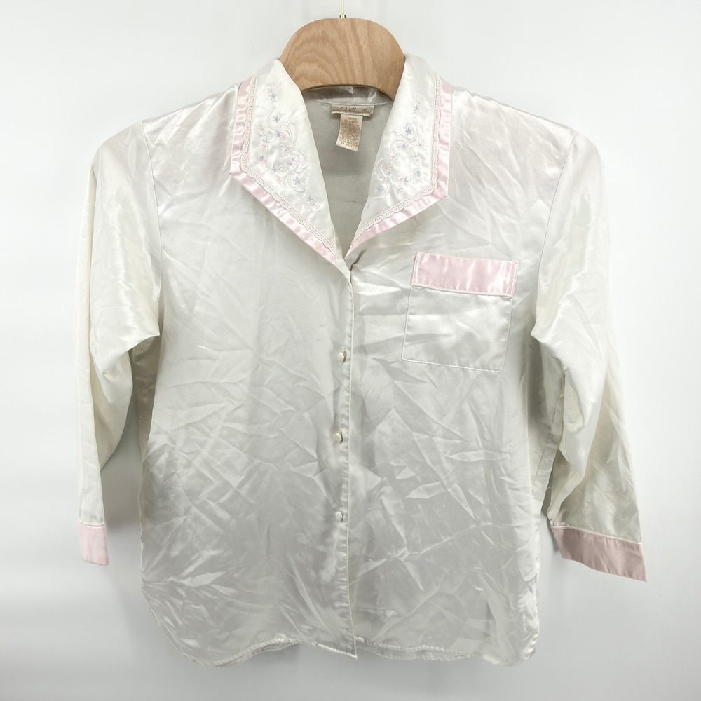 Vintage Delicates Satin Pajama Top Large‎ White Pink Embroidered Button Sleep